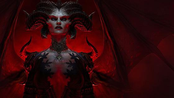 《暗黑破坏神4》角色莉莉丝的艺术渲染, 一个恶魔般的女人，在血红色的背景下长着翅膀.